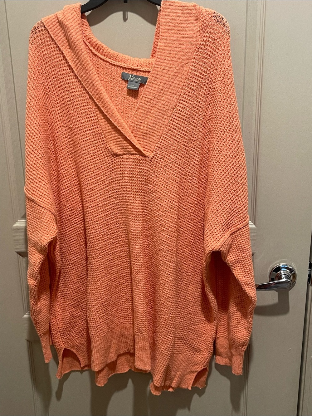 NWOT- Natural Reflections Coral Peach Hooded V-Neck Knit Sweater